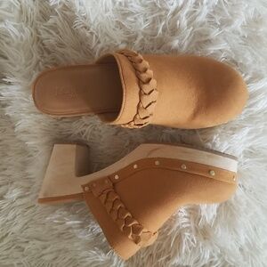 J.Crew womans, size 6, brown, faux suede, wooden heel clogs with braid detail